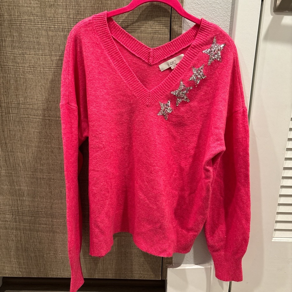 LOFT Fuchsia Sweater with Silver Star Sequins